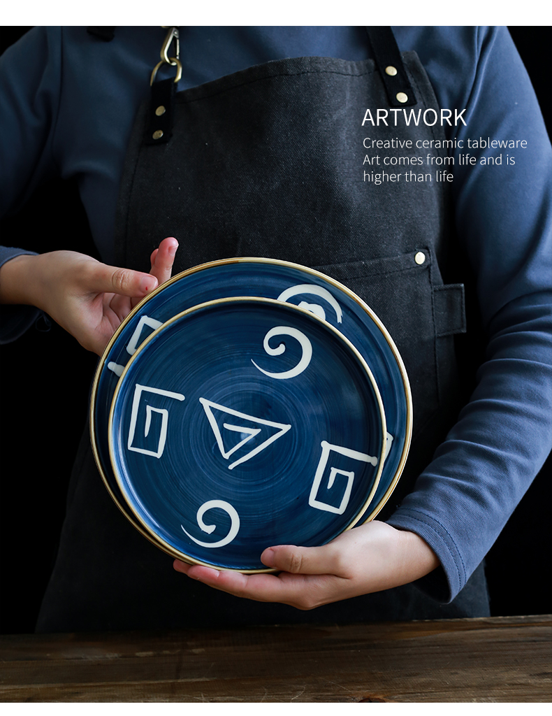 Hand - made ceramic creative steak dish network red sun type western art household food dish plate disc plate