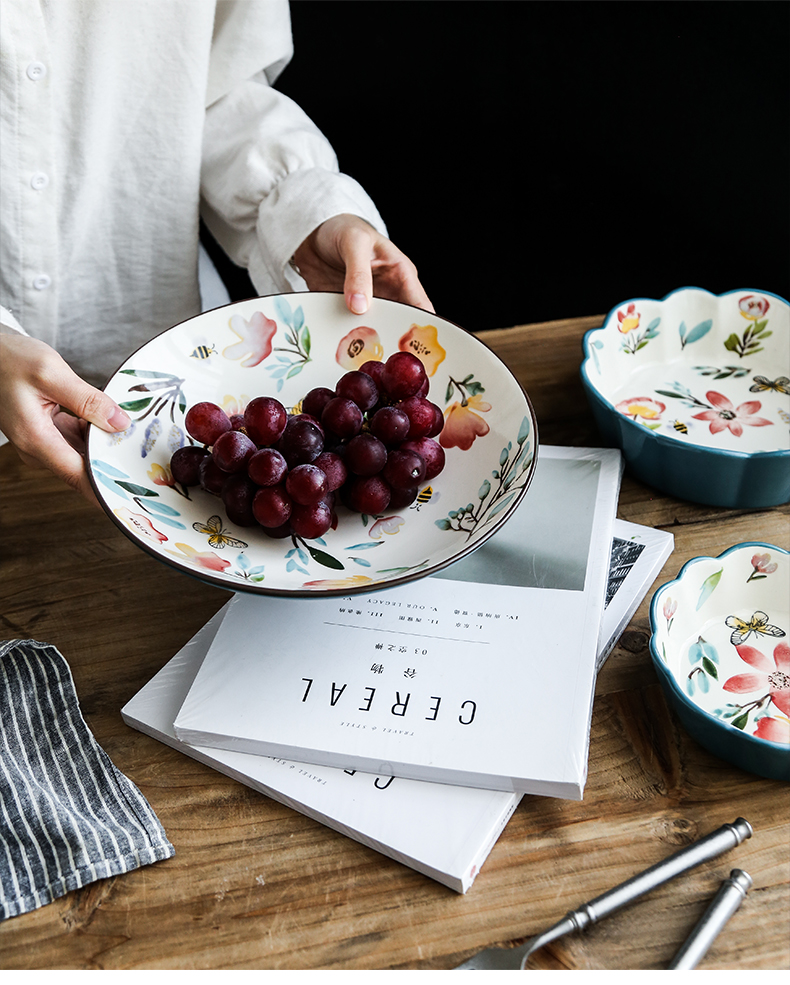 Northern wind Japanese creative household ceramic bowl dish hand - made vintage lace bowl bowl dessert fruit bowl compote