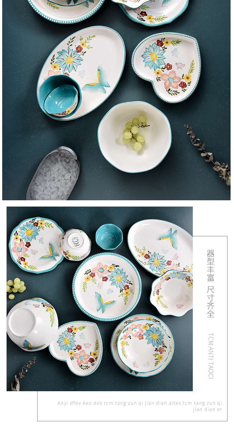 Blue butterfly dishes suit household northern wind small pure and fresh and contracted ceramic eat rice bowl dish chopsticks tableware suit