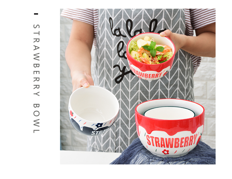 Lovely strawberry ceramic bowl of fruit salad bowl household oatmeal for breakfast bowl of fruit salad bowl side dish bowl of steamed dense eggs