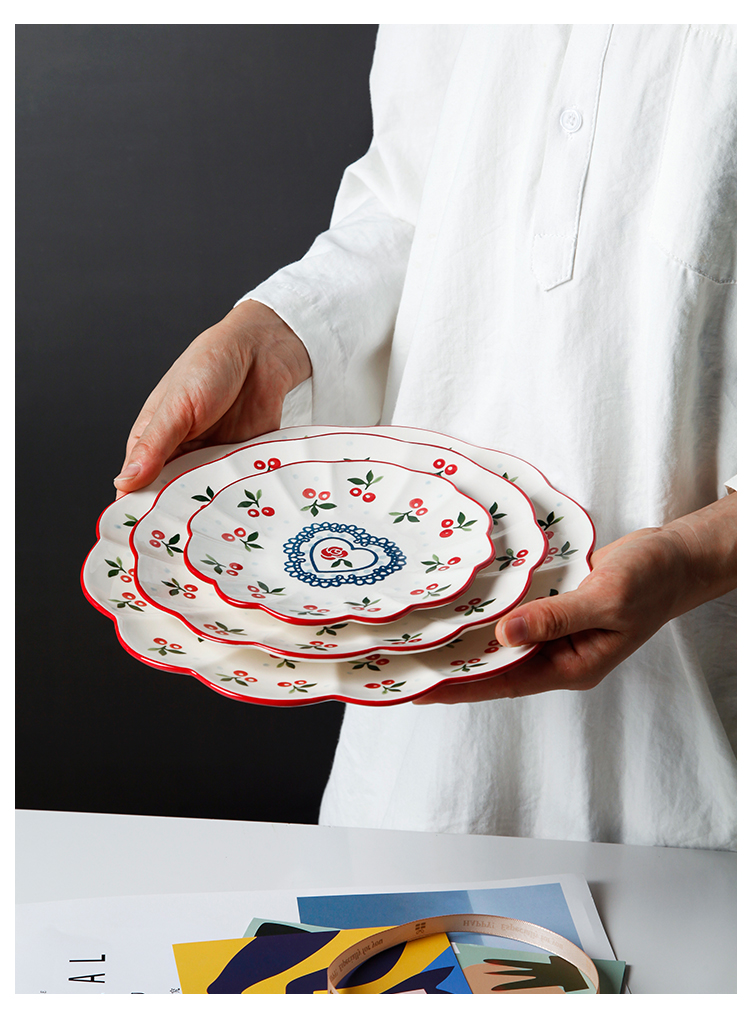 Hand - made cherry 0 creative pastoral wind under the glaze the ceramic plate with lace color round lovely breakfast tray plates