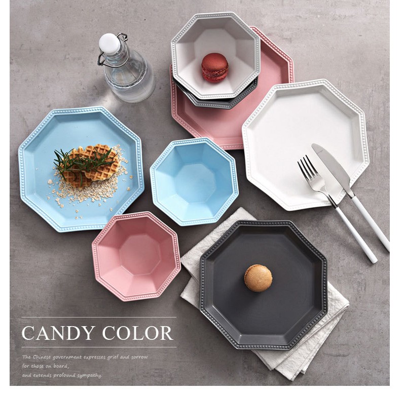 Ceramic octagon disc frosted dinner plate flat plate geometry dish plate dessert dish bowl of rice bowls dim sum dishes for breakfast