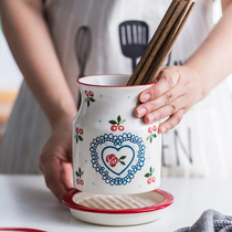 Hand painted cherry European-style ceramic chopstick cylinder chopstick cage chopsticks frame draining domestic kitchen small objects spoon containing cylinder