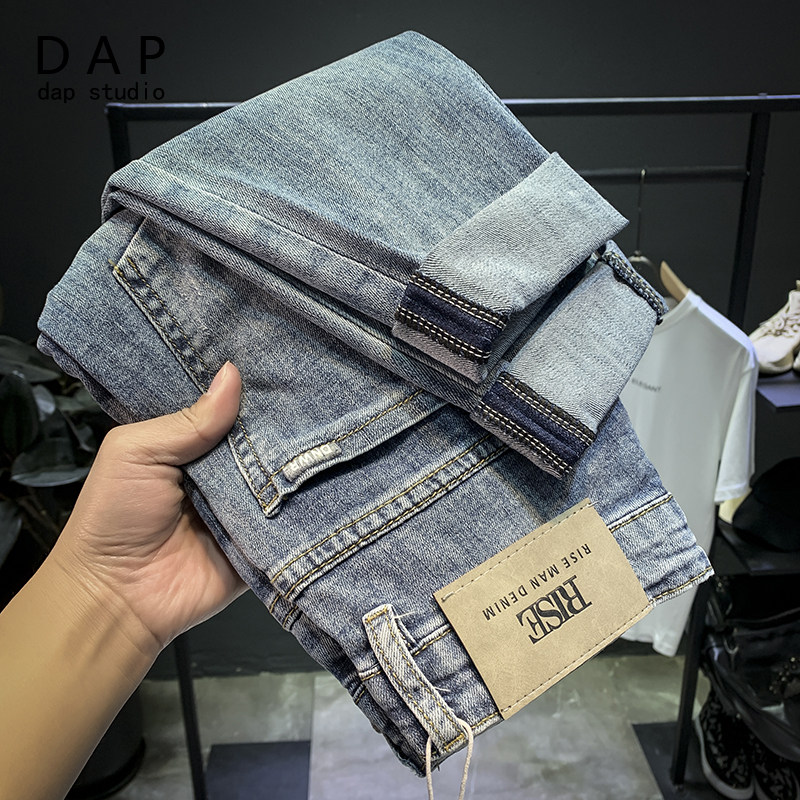 2022 autumn and winter new blue slim jeans men's trendy brand plus velvet pencil pants simple all-match trendy trousers