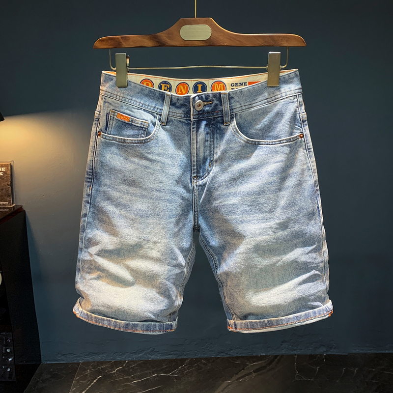 American Tough Guy Denim Shorts Men's Trendyy Retro Distressed Washed Stretch Mid-Pants Summer Thin Light-Colored Five-Quarter Pants