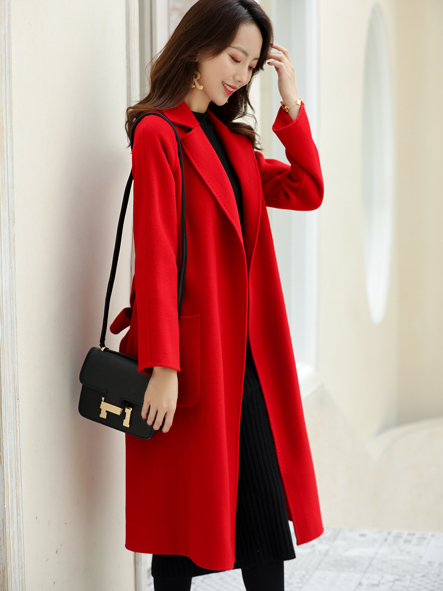 Red double-sided cashmere coat women's mid-length version 2021 new lace up Hepburn high-end wool woolen coat