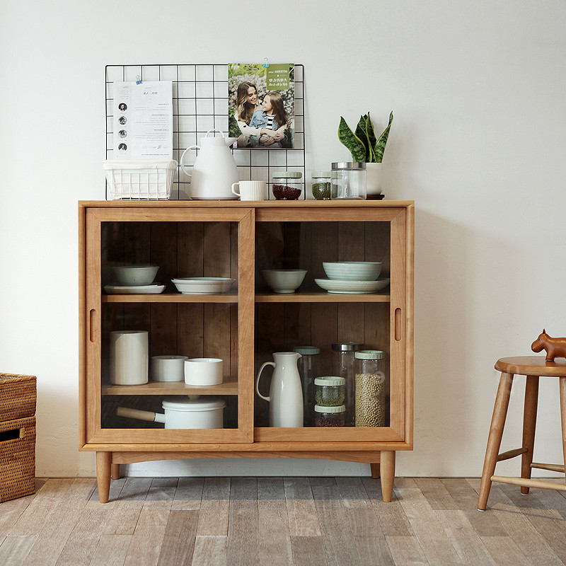 Nordic style solid wood sideboard home glass tea cabinet simple hotel storage locker living room display side cabinet