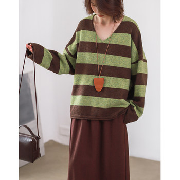 Feldan Doesn'T Attract Static Electricity! Great Value! Chicken Heart V-Neck Cashmere Wide Stripe Casual Loose Long-Sleeve Sweater 9920
