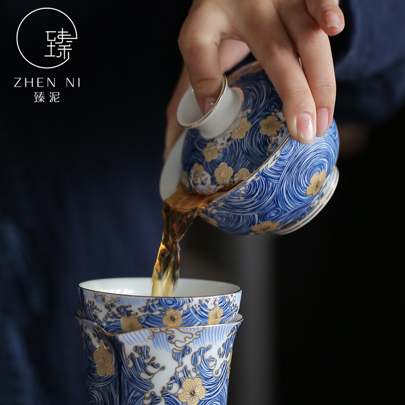 By mud jingdezhen three to bowl of blue and white porcelain enamel tureen checking enamel household kung fu tea set to use