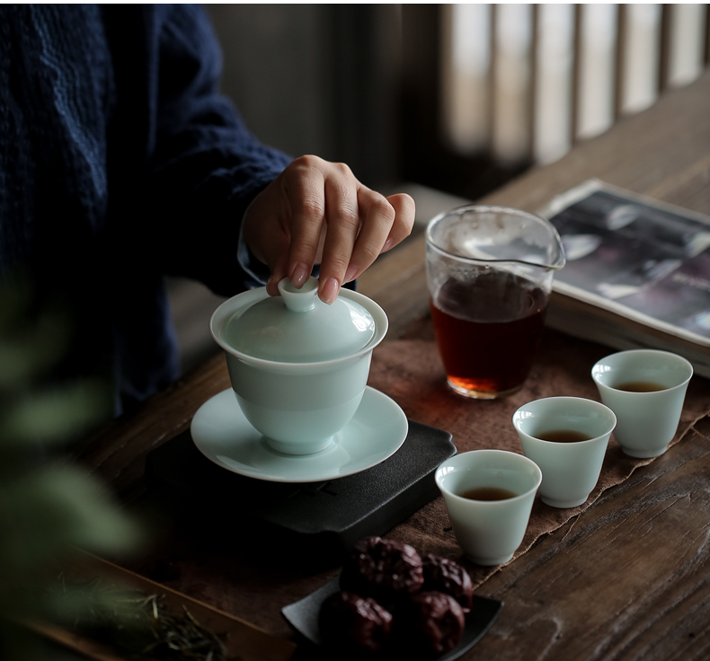 "Green tureen jingdezhen manual shadow only three bowl of thin foetus celadon kung fu tea set to use white porcelain making tea