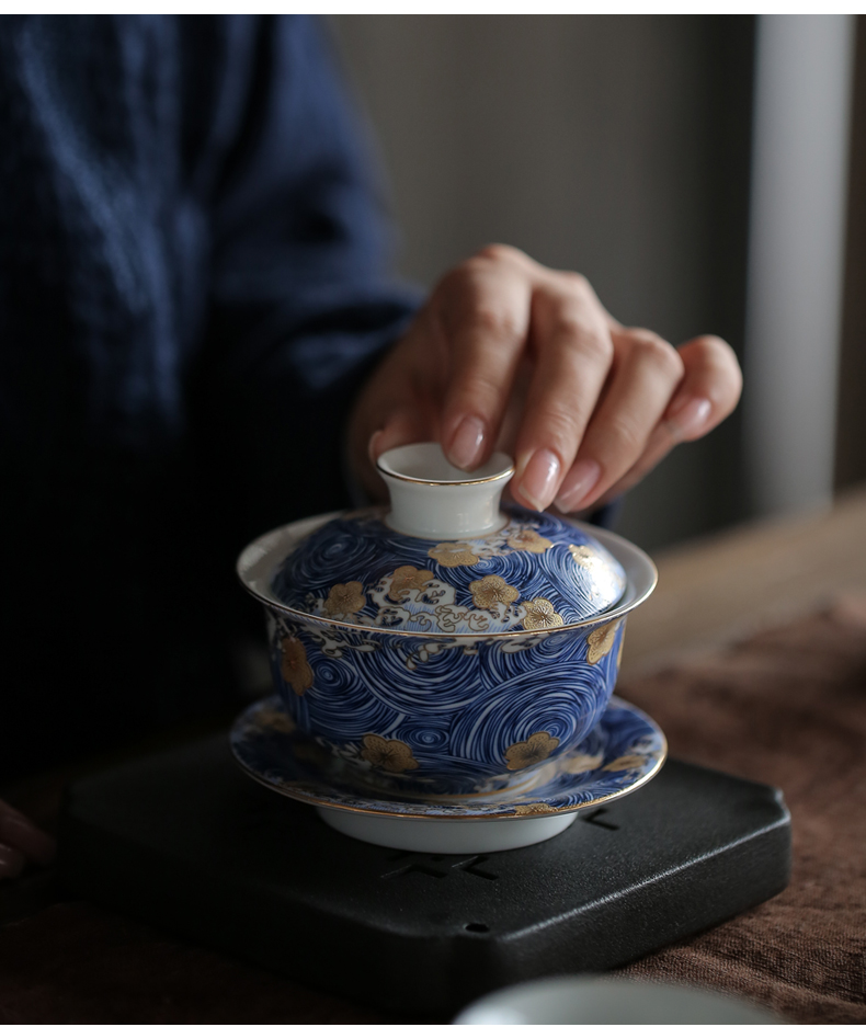 By mud jingdezhen three to bowl of blue and white porcelain enamel tureen checking enamel household kung fu tea set to use