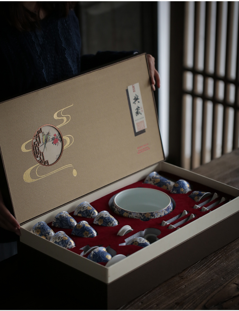 By mud jingdezhen colored enamel kung fu tea set suit household manual set of famille rose porcelain teapot teacup tureen