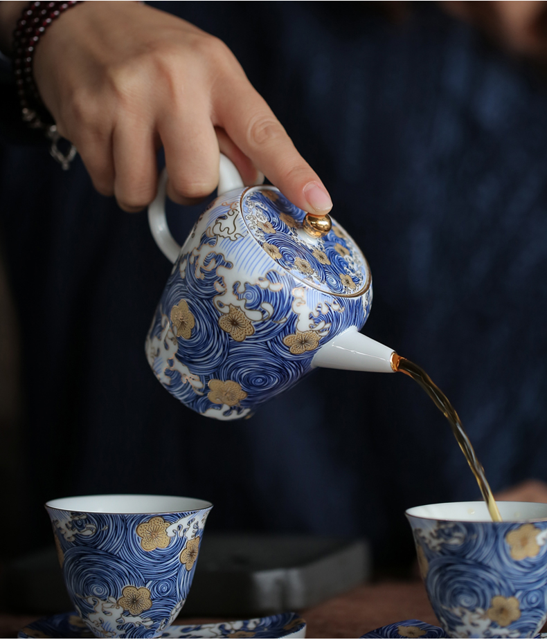 By mud jingdezhen colored enamel kung fu tea set suit household manual set of famille rose porcelain teapot teacup tureen