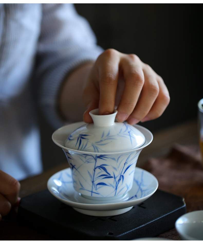 By mud hand - made tureen jingdezhen manual them thin body worship to use kung fu tea set three bowl of household make tea