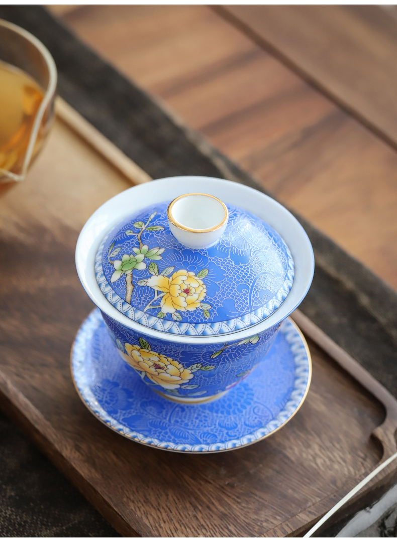 By mud jingdezhen tureen hand paint thin foetus enamel only three bowls of kung fu tea set domestic large bowl