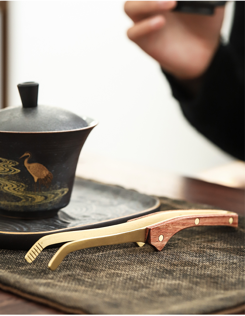 By pure copper ChaGa mud thickening paulownia tweezers kung fu tea tea set clip accessories household antiskid tea wash cup