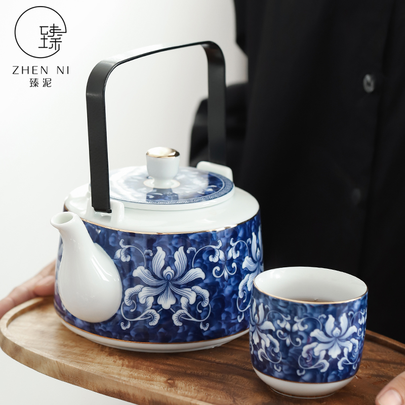 Japanese household girder by mud pot of jingdezhen blue and white porcelain manual belt filter large teapot tea kettle