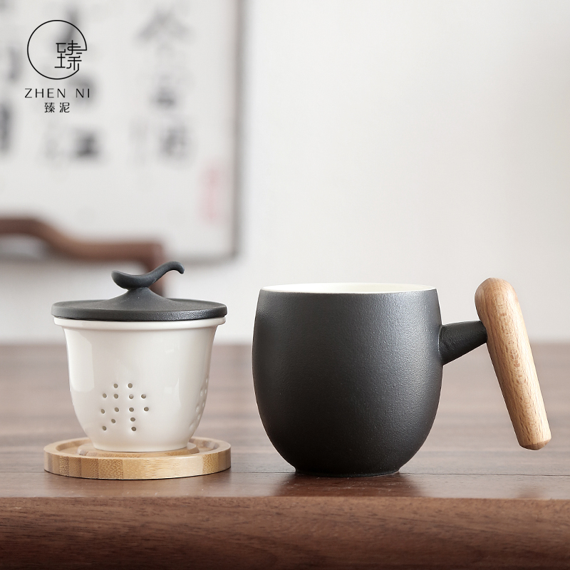 By mud wooden handle with cover glass ceramic filter keller, black pottery handwork office of large capacity make tea cup