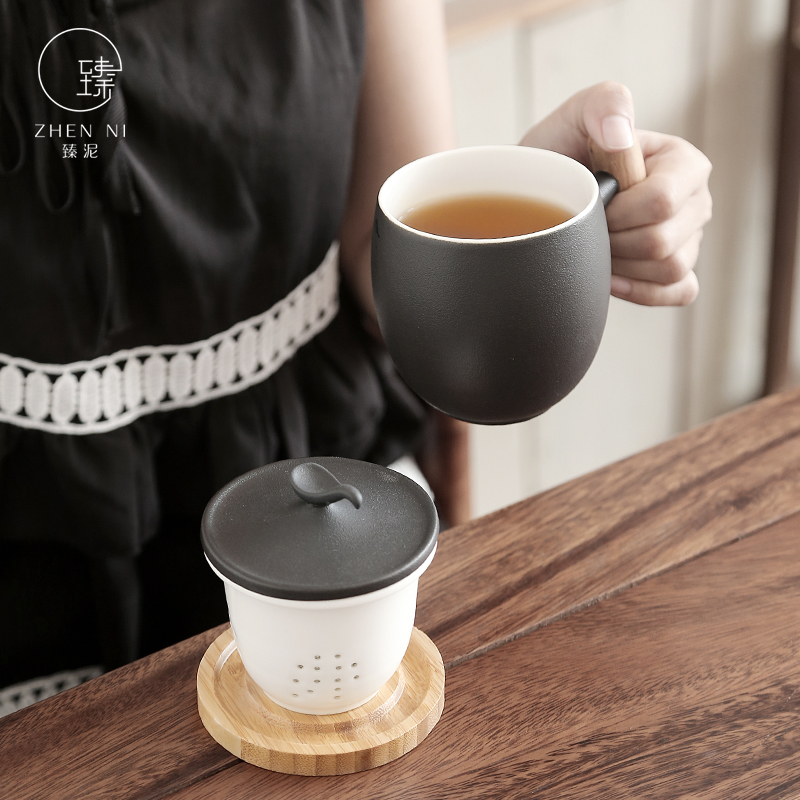 "Black pottery mud home with cover filter glass mugs office portable travel set of tea caddy fixings
