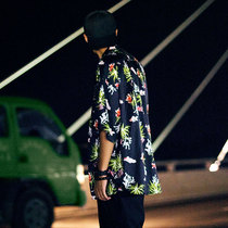 Port wind chic top mens Cuban collar short-sleeved wild loose shirt lazy wind port taste retro printed shirt men