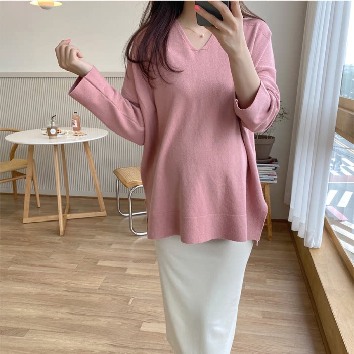 South Korea Dongdai pregnant women dress spring and autumn new cotton knitting shirt short after long v-collar loose coat simple