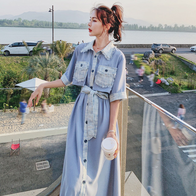 Blue French dress for women summer 2032 new A-line shirt dress with temperament and slimming Hepburn style chiffon long skirt