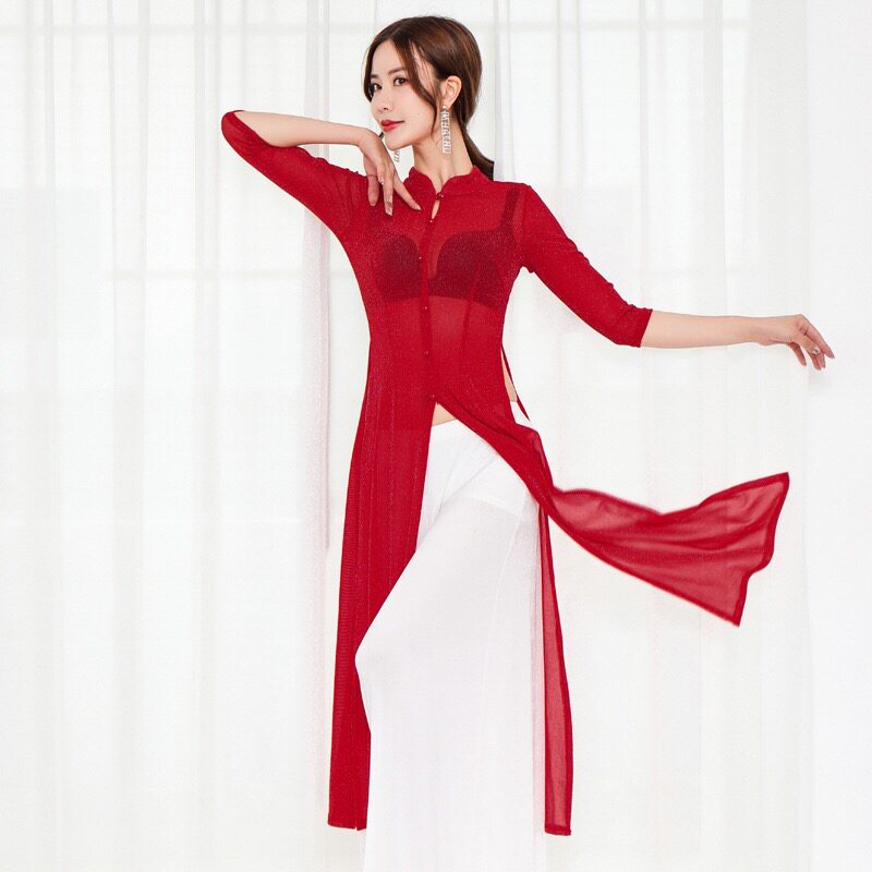 2022 new belly dance suit dance practice suit classical ethnic style cheongsam ice silk wide-leg pants beginners