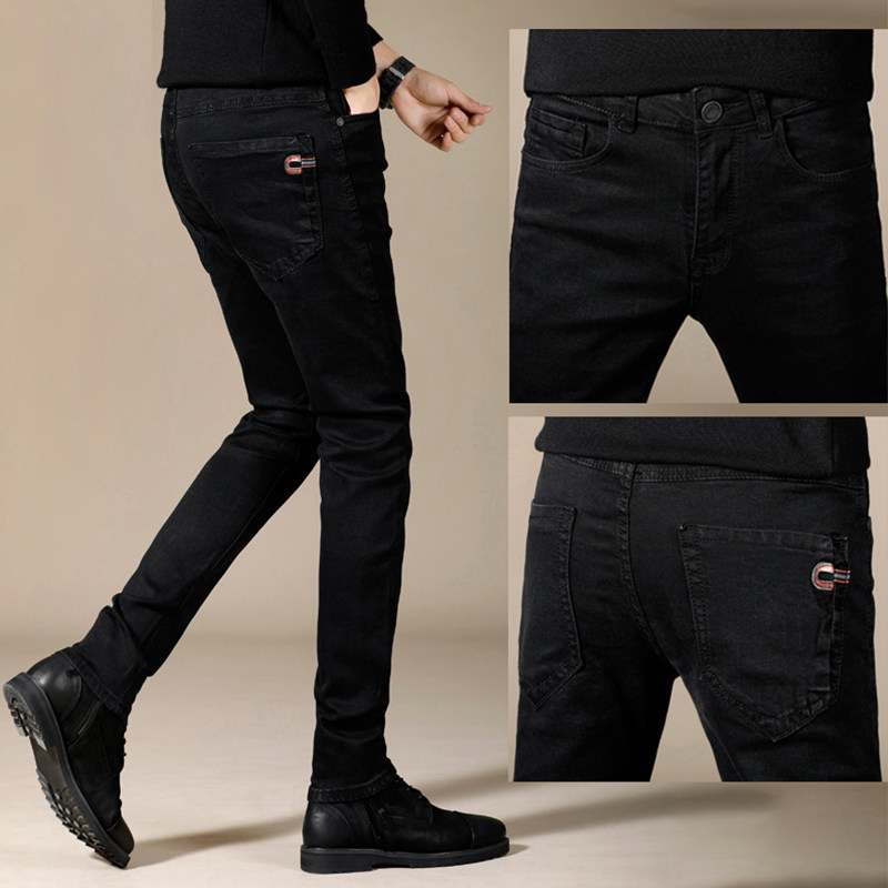 Autumn and winter men's jeans trend Korean version of elastic youth slim fit black casual men's pants trousers youth - Taobao