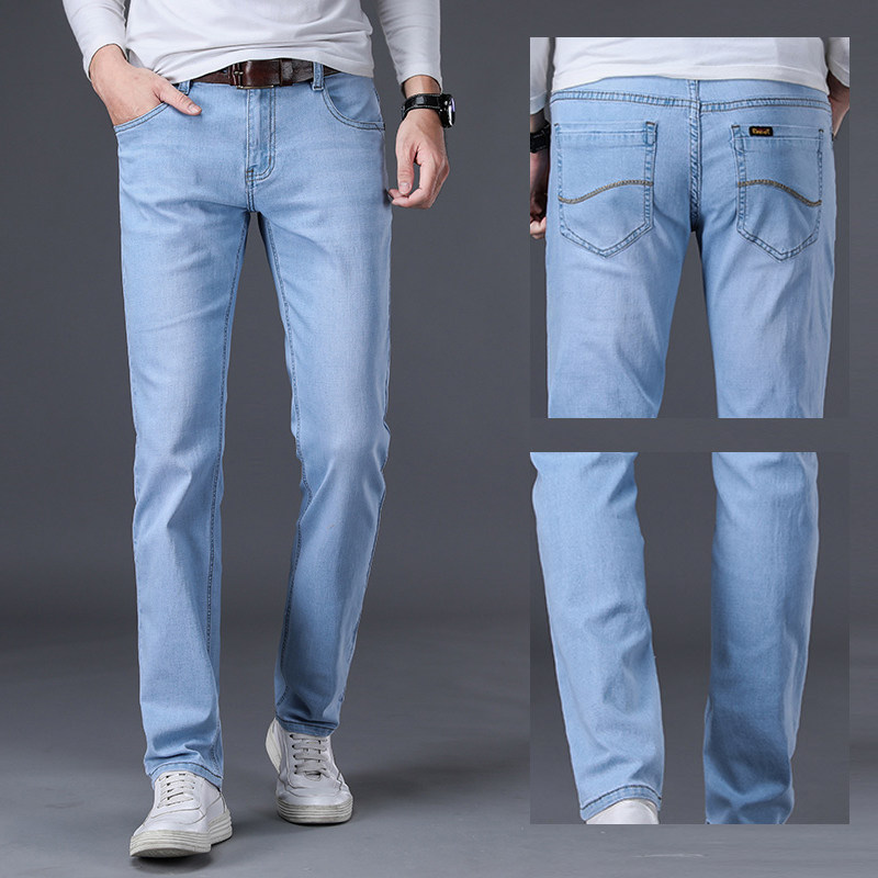 2022 spring and autumn light color jeans men's thin loose straight slim blue and white casual pants men's light blue - Taobao