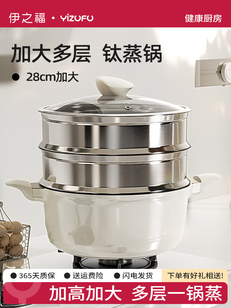 Titanium Steamer for Home Use 2024 New Model Double-Layer Large Capacity Steamer for Steaming Fish, Steamed Buns, Cooking, Stewing, All-In-One Soup Pot for Gas Stove