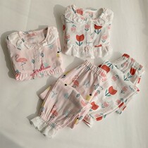 Spring and summer girls gauze childrens pajamas girls long sleeve thin set big children spring and autumn baby parent-child home clothes