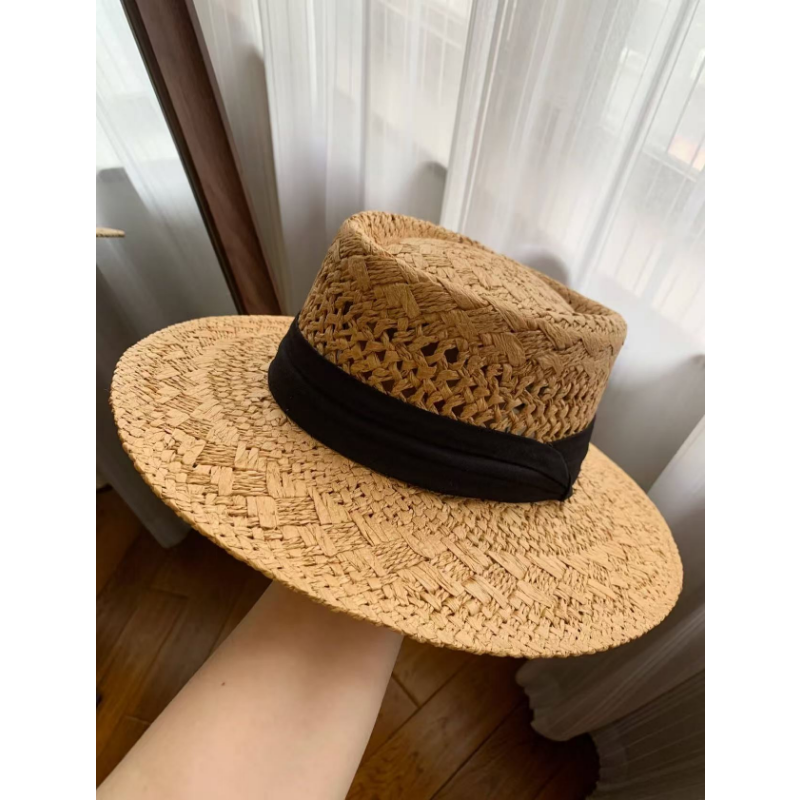 段ボール製の麦わらの中空綿と麻で編まれた麦わら帽子。夏の旅行、UVカット、フラットトップの麦わら帽子、サンハット。