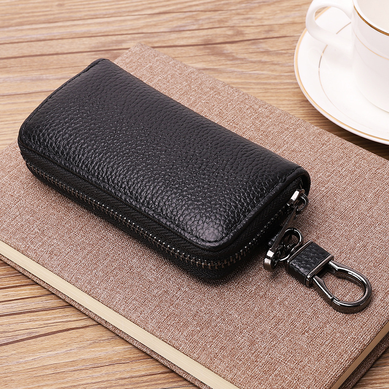 Genuine Leather Simple Zipper Key Bag for Men, Waist-Hanging Multi-Functional Household Small Bag, Large Capacity Cowhide Key Bag for Women