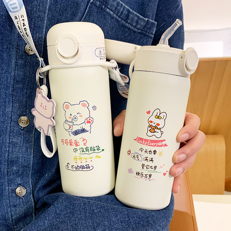 Insulation Cup Women cute and small straw style portable water glass Han version ins high face value creative cartoon art mug