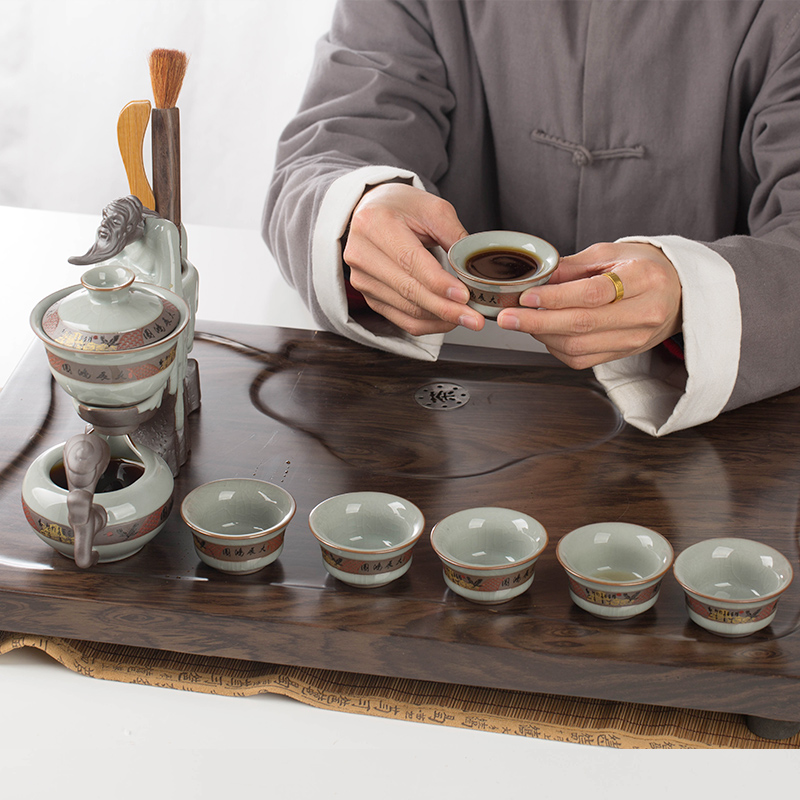 Ceramic kung fu tea set suit household automatic water elder brother up with crack glaze teacup sitting room office gift boxes