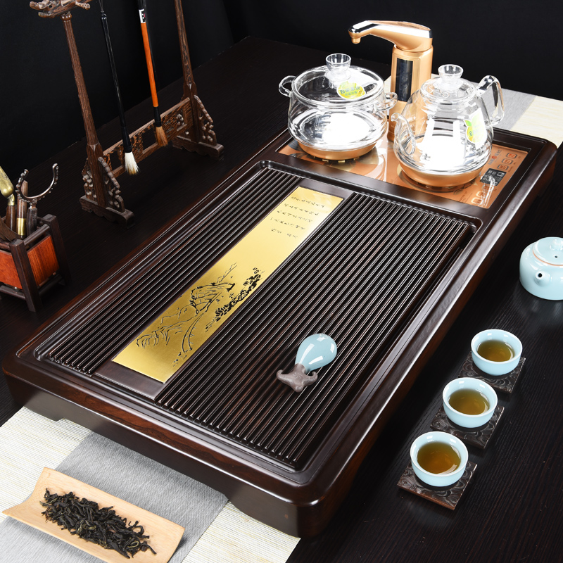 Black sandalwood cake tea plate set household tea table kung fu tea set automatic water water and water kettle electromagnetic oven