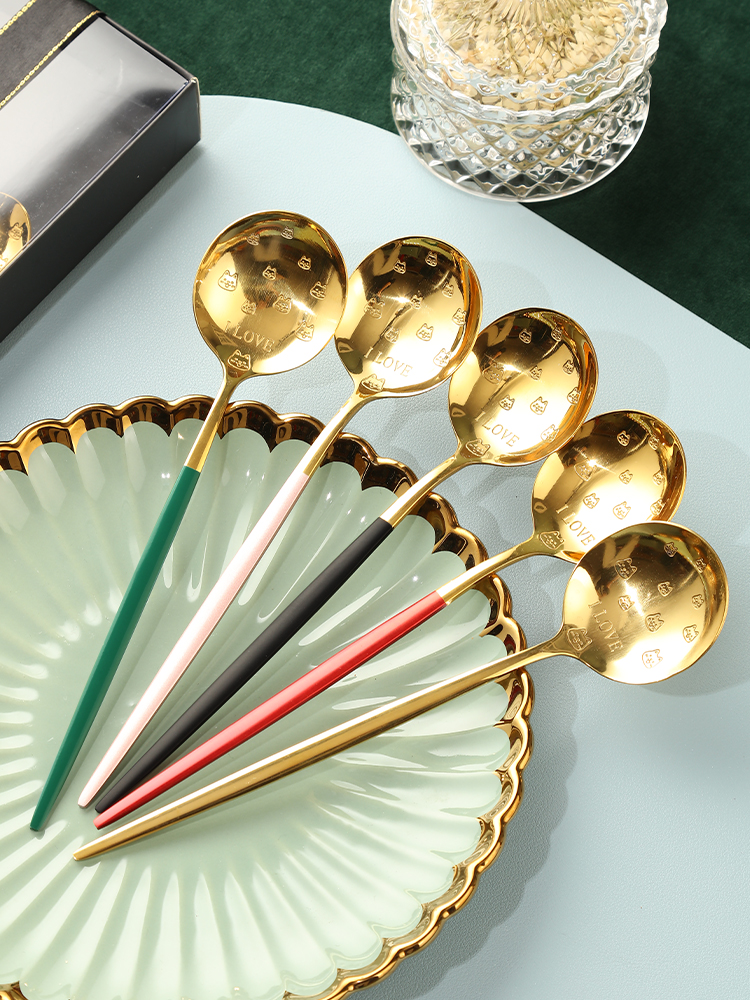 Light luxury net red spoon Long handle household children eat stainless steel soup spoon spoon Korean cute girl heart gift box