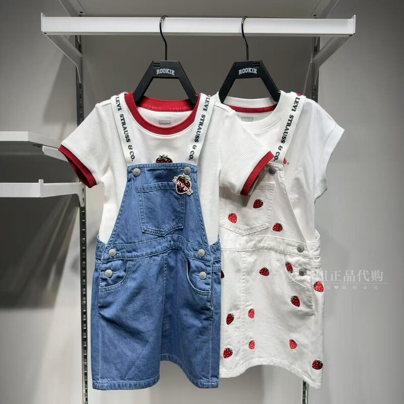 Levi's Children's Strawberry Suspender Skirt/Lv2622068 Girls' Summer Denim Short Skirt Vest Dress