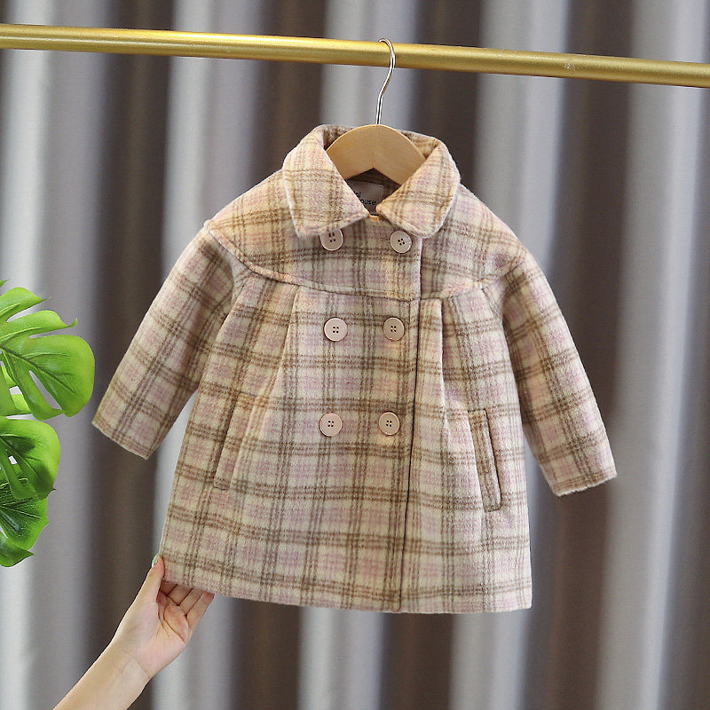2022 baby girl woolen plaid coat girls autumn and winter clothes Korean version thickened baby girl children's western style woolen coat