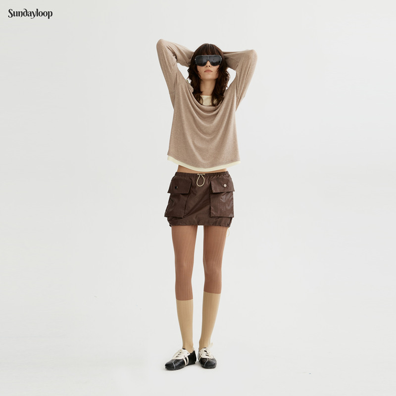 Sundayloop - Brown Workwear Style Contrasting Pocket Short Skirt, Vintage Drawstring Elasticated Floral Skirt, Fashionable Half Skirt