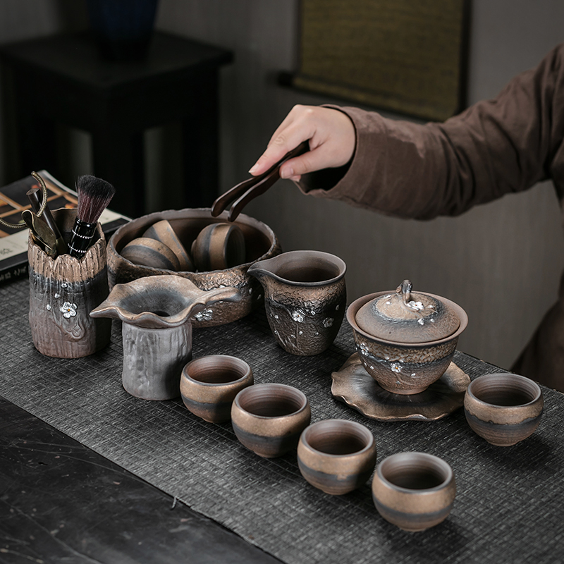 Gilded Coarse Pottery Tea Set, Complete Set of Kung Fu Tea Ware, Ceramic Retro Style for Home and Office, Simple Teapot and Cups