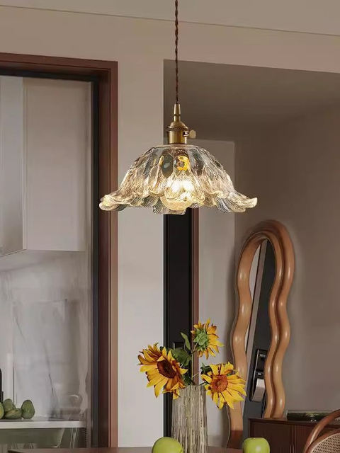 French Walnut Flower Glass Chandelier Japanese Retro Internet-Famous Restaurant Bar Brass Lamp Homestay Bedside Lighting