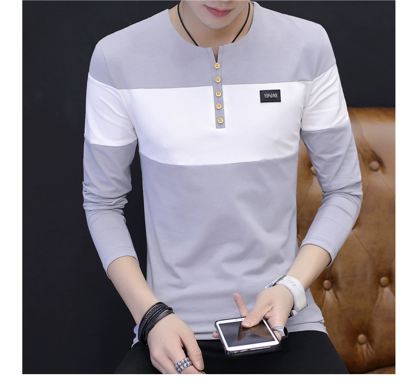 Áo thun nam tay dài cổ chữ V cotton top Slim quần áo mùa xuân và mùa thu mùa hè mỏng phiên bản Hàn Quốc của quần áo mùa thu mùa thu - Áo phông dài