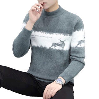 水貂绒中领毛衣男2025冬季加厚提花半高领针织衫青年针织衫毛线衫