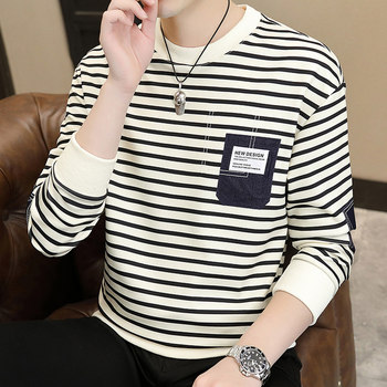 Black and white striped muwai trendy round neck pullover