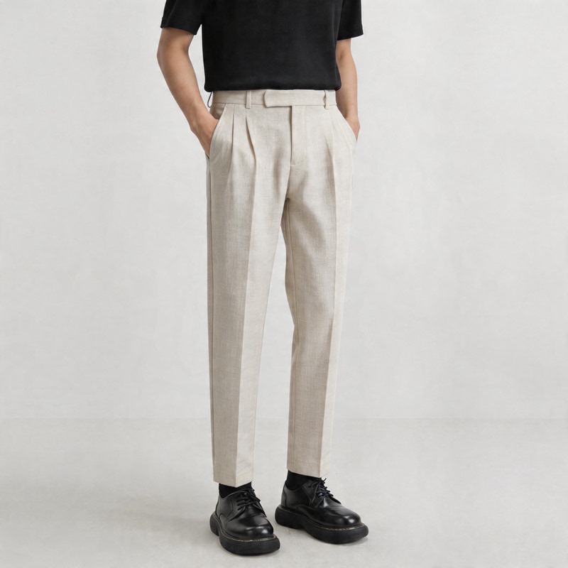 Shanjiu【Jie*Jia*】Tencel Fishbone Linen Straight-Leg Casual Trousers for Men, Breathable and Comfortable Business Suit Pants