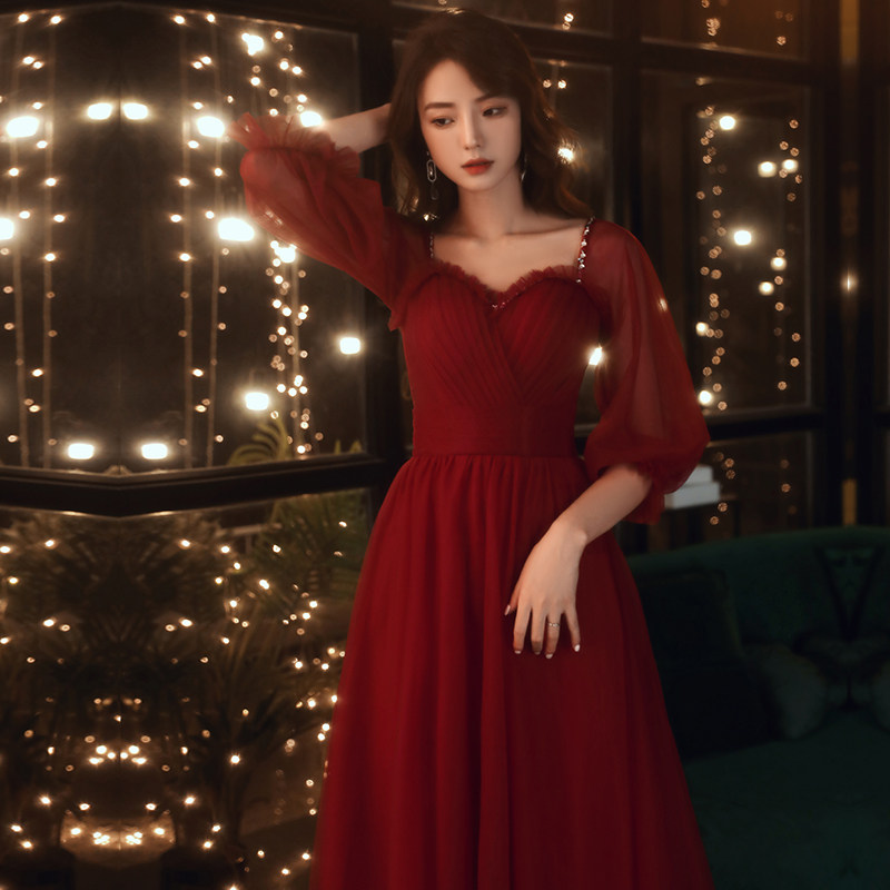 Toast to the bride 2022 new wine red wedding engagement small annual meeting host back door gown skirt dresses