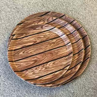 Non-slip round tray wood grain color plastic tea tray dinner plate thickened hotel service plate PU leather non-slip layer