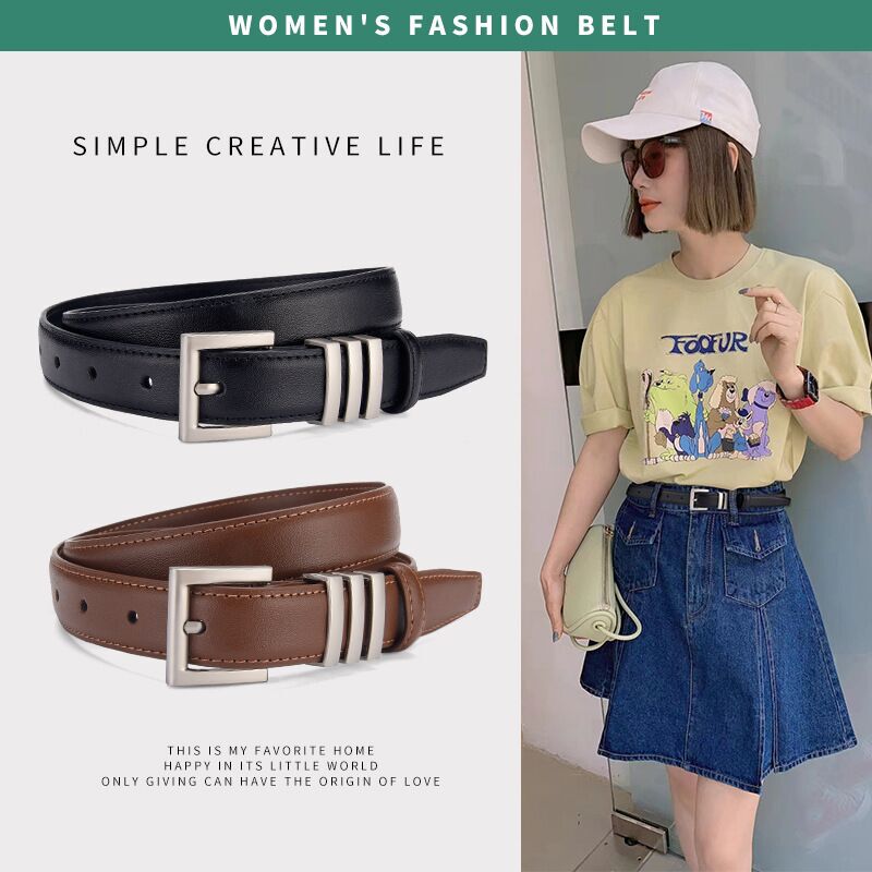 Women's Fashionable Retro Two-Layer Cowhide Belt with Casual Style Silver Pin Buckle, Slimming and Versatile for Casual Pants Waist Cinching