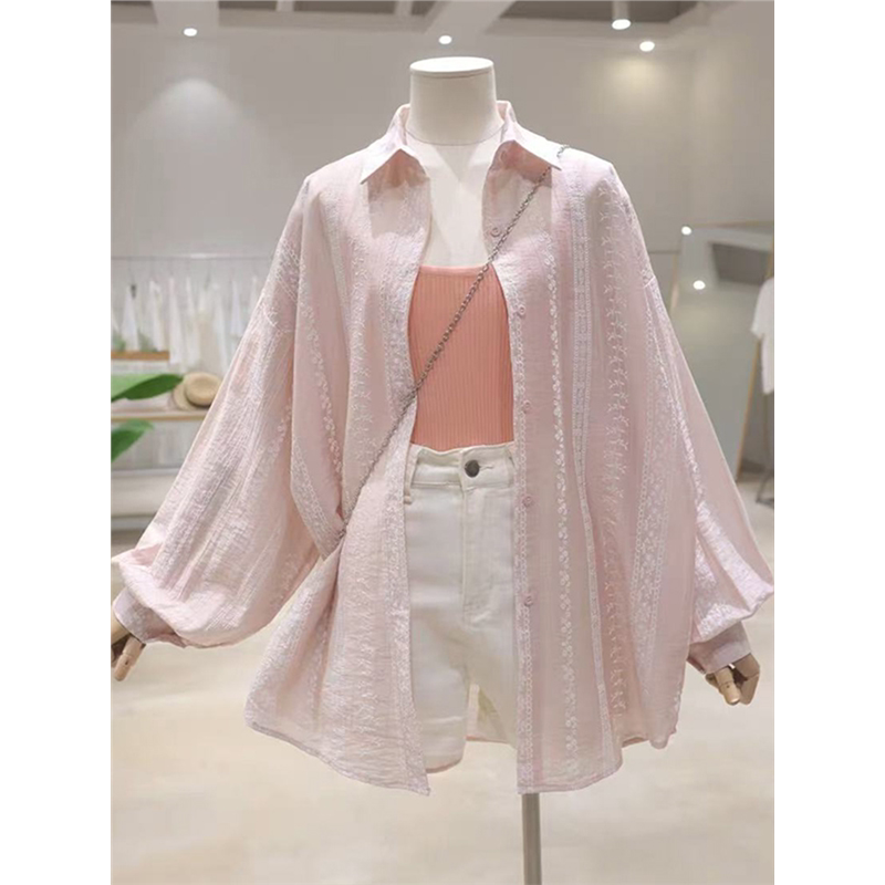 Thin Embroidered Crochet Pink Sun Protection Shirt Jacket for Women, Summer Plus Size, Medium-Long Cardigan Top